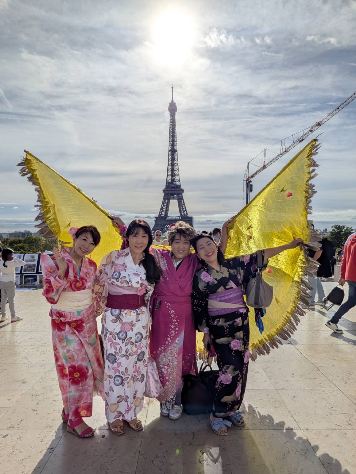 羽を広げて並ぶ着物姿の仲間たち
